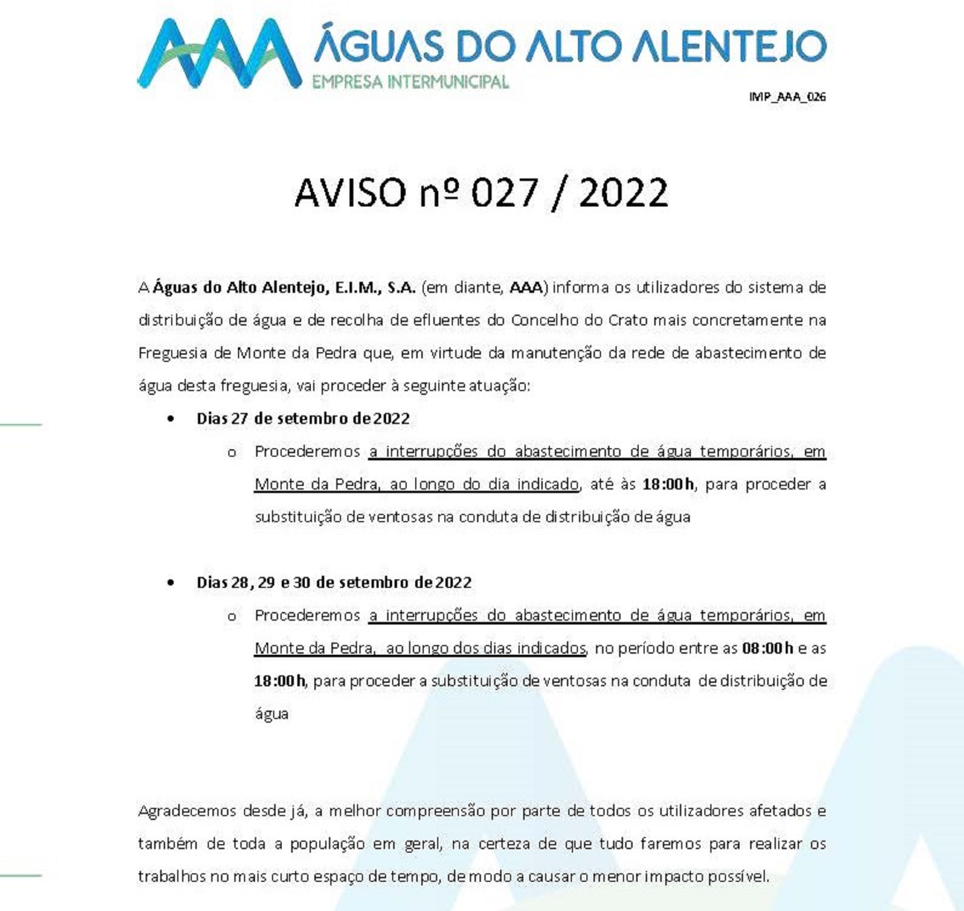 Águas do Alto Alentejo – Aviso nº 027/2022